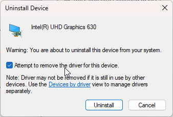 Confirm the move and make sure to check the option Delete the driver software for this device if available or Attempt to remove the driver from this device checkbox, and click Uninstall